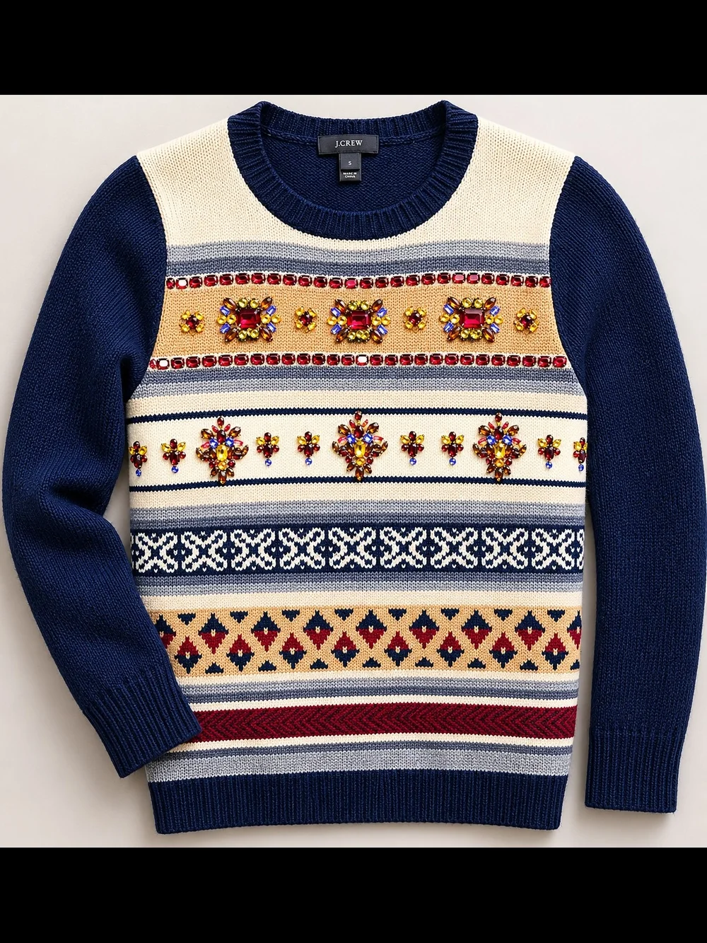 Vintage J.Crew Navy Blue Bejeweled Wool Sweater Size Small Fair Isle